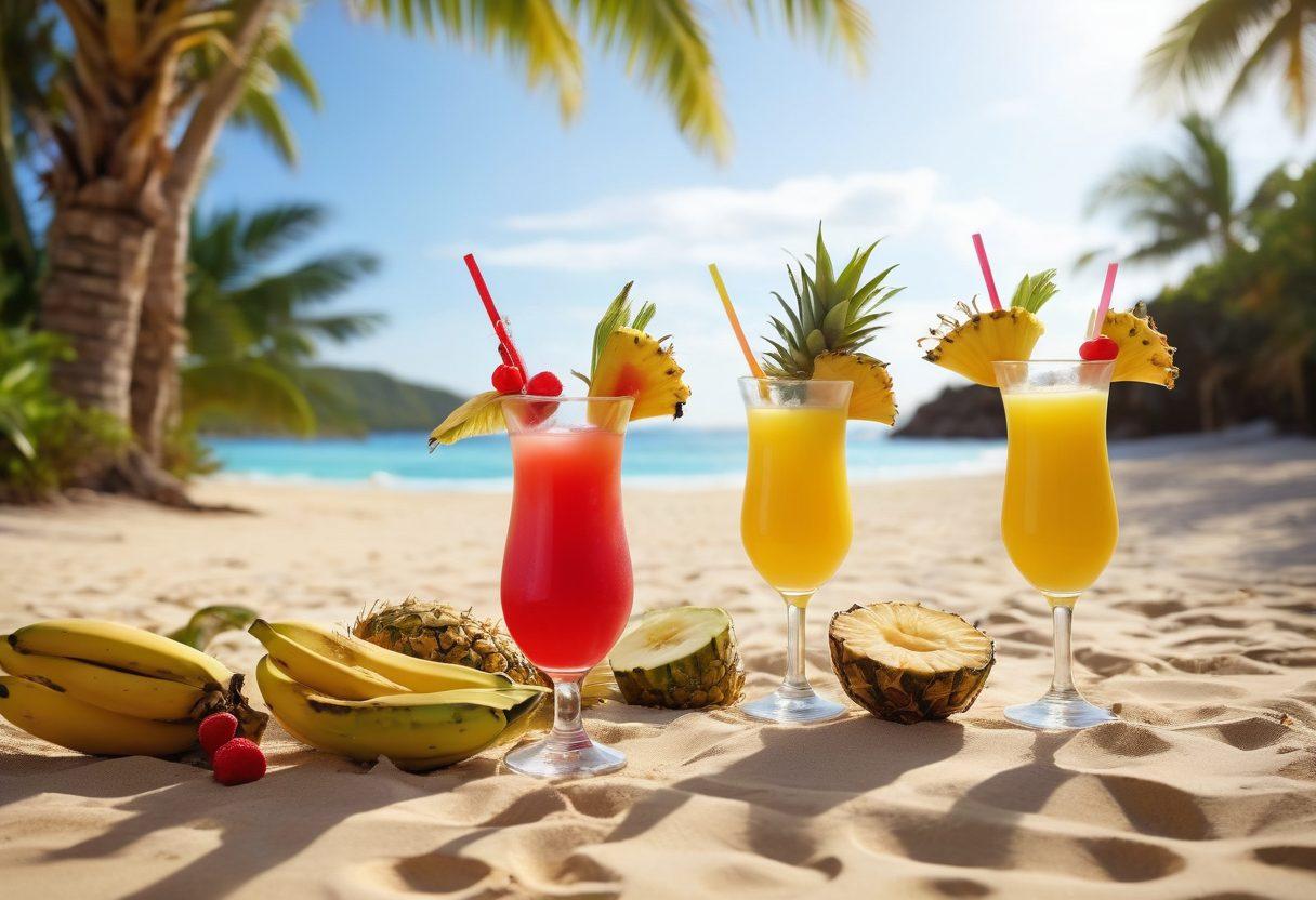A vibrant tropical setting featuring an array of colorful banana cocktails garnished with fresh tropical fruits like pineapple and coconut. The drinks, in various stylish glasses, are placed on a sandy beach with palm trees swaying in the background. Sunlight is shining, creating a warm and inviting atmosphere. Include decorative elements like cocktail umbrellas and straws. super-realistic. vibrant colors. beach setting.