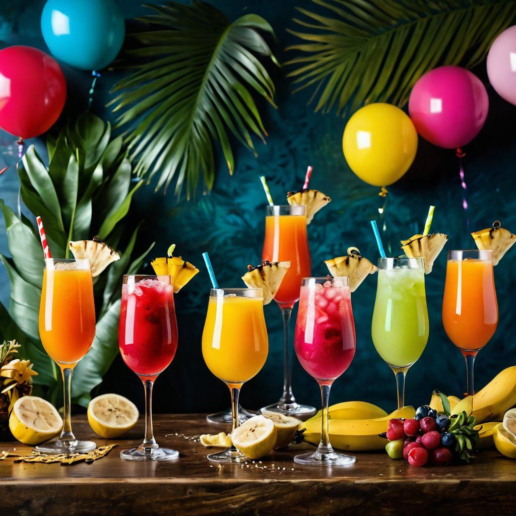 A vibrant cocktail bar scene featuring an array of colorful cocktails made with banana liqueur, garnished with fresh bananas and tropical fruits. Incorporate festive decorations like streamers and balloons, with bartenders skillfully mixing drinks. The atmosphere is lively and inviting, capturing the essence of celebration. Bright, contrasting colors to emphasize the exotic feel of the cocktails. super-realistic. vibrant colors. tropical theme.