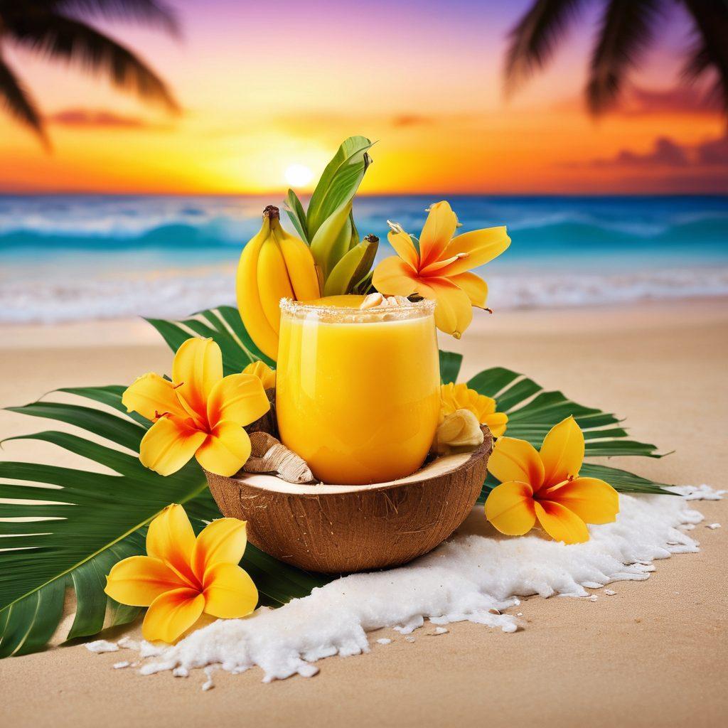 A vibrant tropical scene featuring a beautifully garnished banana-infused cocktail in a coconut shell, surrounded by fresh bananas, palm leaves, and colorful tropical flowers. The background should show a beach sunset, with golden sands and a hint of ocean waves, creating a warm, inviting atmosphere. Include splashes of tropical fruits like pineapple and mango in the composition. super-realistic. vibrant colors. sunset background.
